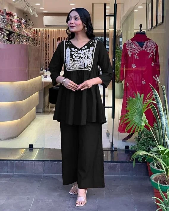 Women's Cotton Embroidered Kurta Set with Flared Design | Pant Included Black-L | Daily Wear Office Use Partywear image 3