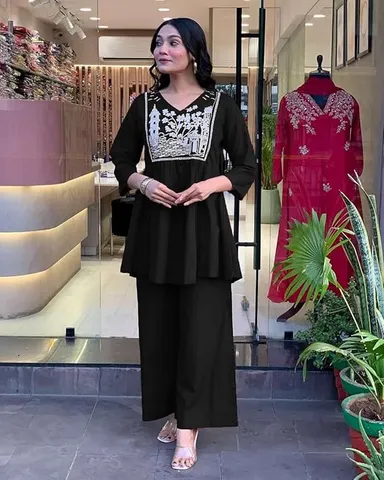 Women's Cotton Embroidered Kurta Set with Flared Design | Pant Included Black-L | Daily Wear Office Use Partywear thumbnail 2