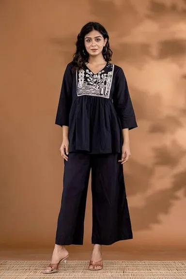 Women's Cotton Embroidered Kurta Set with Flared Design | Pant Included Black-L | Daily Wear Office Use Partywear thumbnail 3