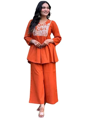 Cotton Embroidered Flared Kurta with Pant Set | Orange L | Women's Ethnic Combo| Summer Wear| Office Ready thumbnail 0