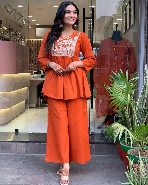 Cotton Embroidered Flared Kurta with Pant Set | Orange L | Women's Ethnic Combo| Summer Wear| Office Ready image 2