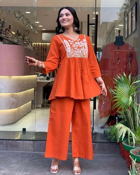 Cotton Embroidered Flared Kurta with Pant Set | Orange L | Women's Ethnic Combo| Summer Wear| Office Ready image 3