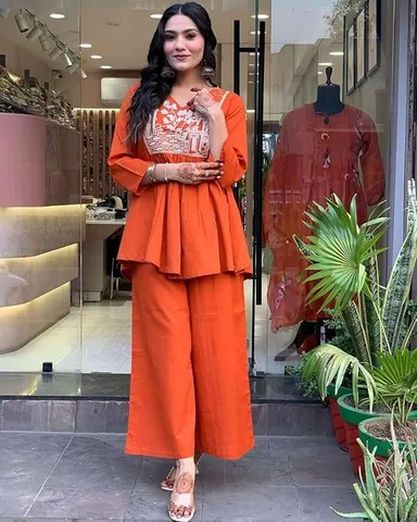 Cotton Embroidered Flared Kurta with Pant Set | Orange L | Women's Ethnic Combo| Summer Wear| Office Ready thumbnail 3