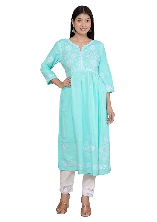 Rayon Embroidered V-Cut Collar Anarkali Kurti with Pant and Dupatta Set | Sky Blue XXL | Women’s Festive & Ethnic Wear        image 1