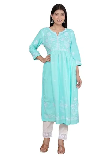 Rayon Embroidered V-Cut Collar Anarkali Kurti with Pant and Dupatta Set | Sky Blue XXL | Women’s Festive & Ethnic Wear        thumbnail 0