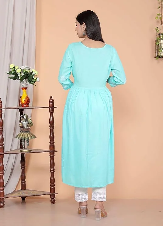 Rayon Embroidered V-Cut Collar Anarkali Kurti with Pant and Dupatta Set | Sky Blue XXL | Women’s Festive & Ethnic Wear        image 2