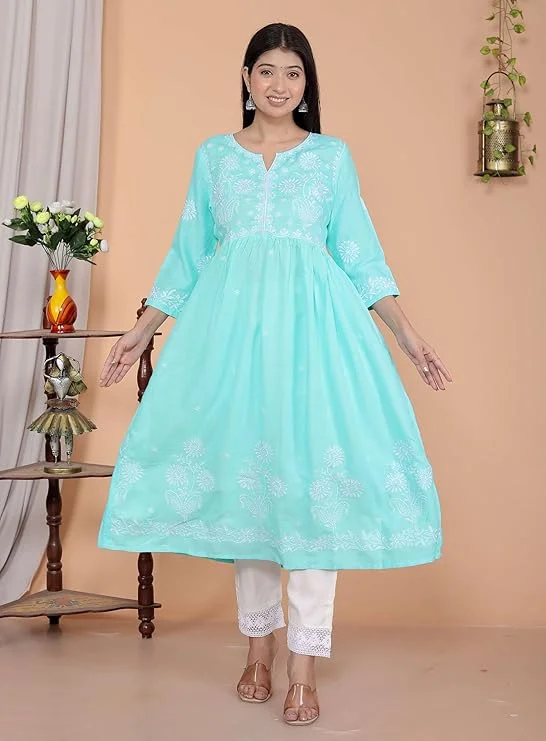 Rayon Embroidered V-Cut Collar Anarkali Kurti with Pant and Dupatta Set | Sky Blue XXL | Women’s Festive & Ethnic Wear        image 4