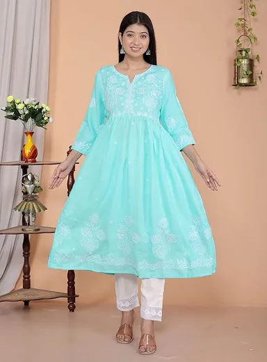 Rayon Embroidered V-Cut Collar Anarkali Kurti with Pant and Dupatta Set | Sky Blue XXL | Women’s Festive & Ethnic Wear        thumbnail 3