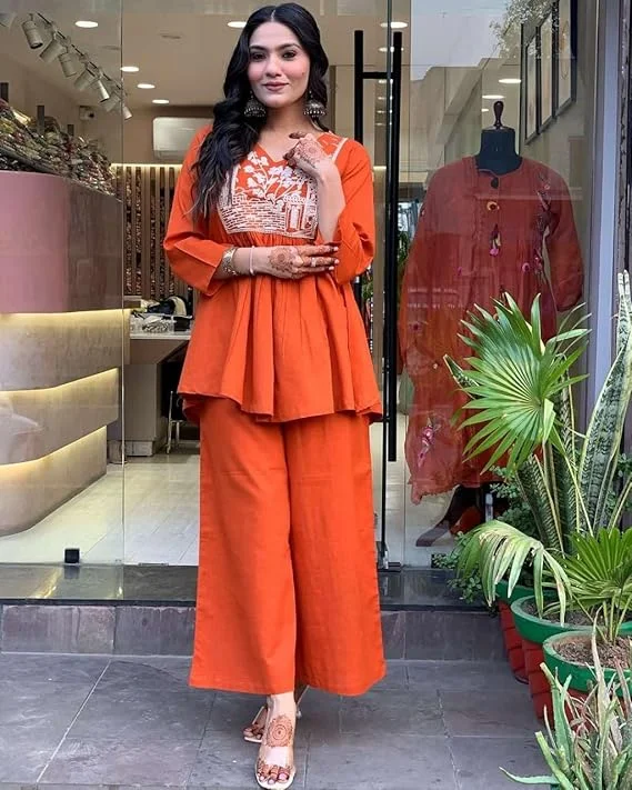 Cotton Embroidered Kurta Pant Set for Women | Flared Style | Orange XL | Ethnic Daily & Festive Wear image 3