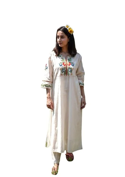 Cotton Embroidered Straight Kurti Pant Set | White L | Women summer daily wear image 1