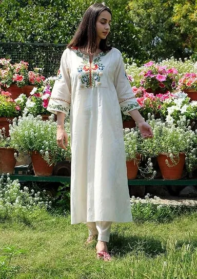 Cotton Embroidered Straight Kurti Pant Set | White L | Women summer daily wear thumbnail 1