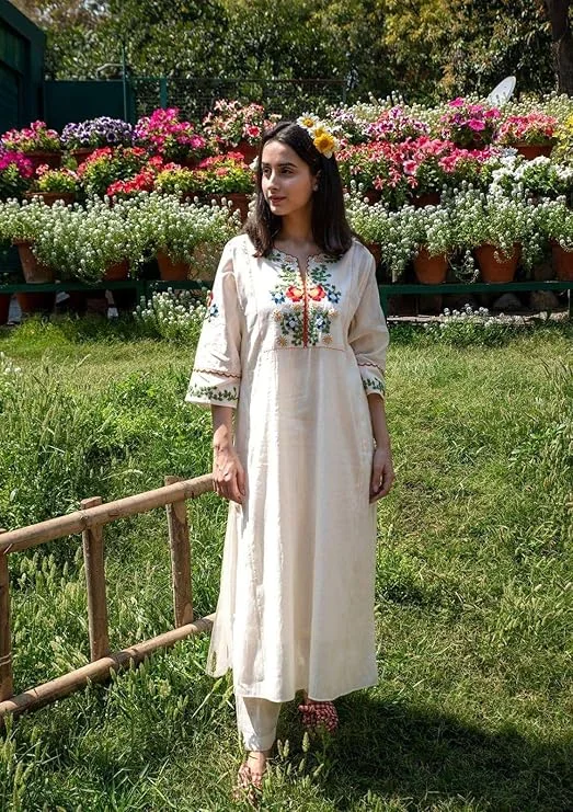 Cotton Embroidered Straight Kurti Pant Set | White L | Women summer daily wear image 3