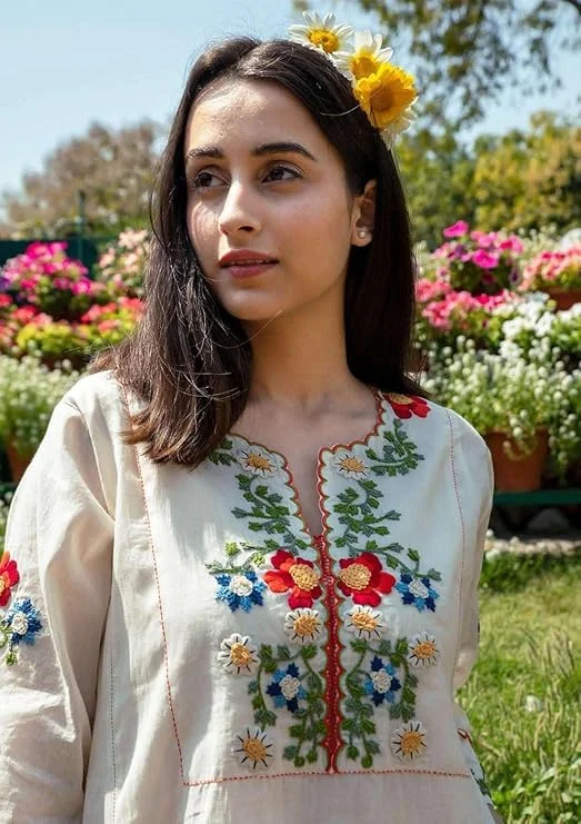 Cotton Embroidered Straight Kurti Pant Set | White L | Women summer daily wear image 4