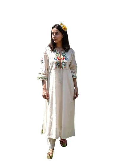 Cotton Embroidered Straight Kurti with Pant Set, Breathable Plus Size Ethnic Wear| White XXL thumbnail 0