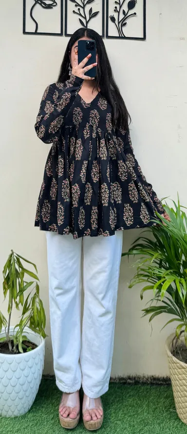Girls printed short kurti combo| Anarkali Aliacut | Pack of 2 | Cotton breathable school wear thumbnail 2