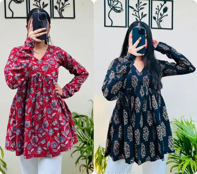 Girls printed short kurti combo| Anarkali Aliacut | Pack of 2 | Cotton breathable school wear thumbnail 0