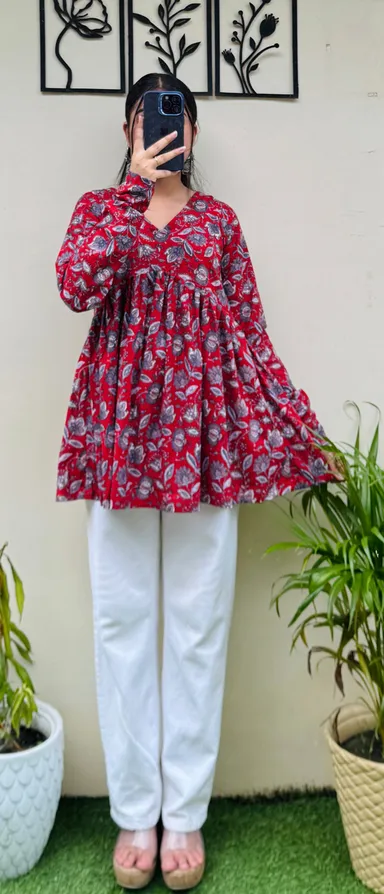 Girls printed short kurti combo| Anarkali Aliacut | Pack of 2 | Cotton breathable school wear thumbnail 1