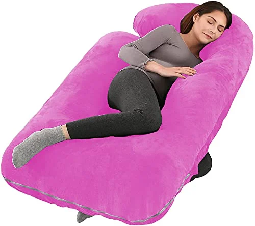 Microfiber Filled Pink J-shape Maternity Multiposition Sleeping Pillow | Pillow for Women's Comfort and Back Support | Pack of 1 image 1