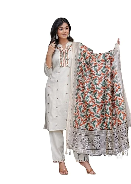 Little Crafts | Women’s Cotton Embroidered Straight Kurti with Pant and Dupatta Set | XL Size | Cream Ethnic Wear image 1