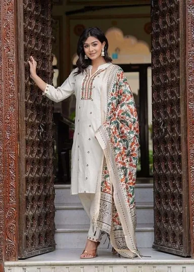 Little Crafts | Women’s Cotton Embroidered Straight Kurti with Pant and  Dupatta Set | XL Size | Cream Ethnic Wear thumbnail 1