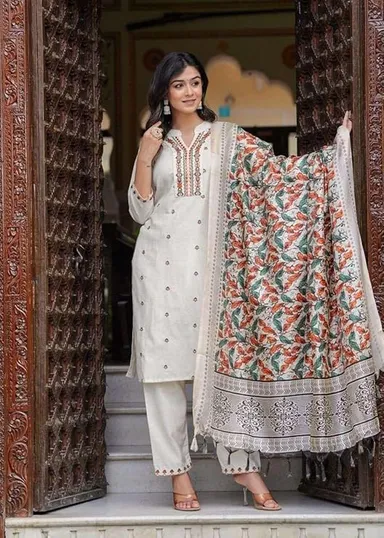 Little Crafts | Women’s Cotton Embroidered Straight Kurti with Pant and  Dupatta Set | XL Size | Cream Ethnic Wear thumbnail 2