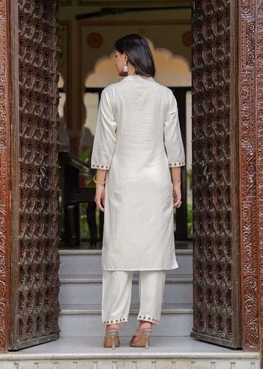 Little Crafts | Women’s Cotton Embroidered Straight Kurti with Pant and  Dupatta Set | XL Size | Cream Ethnic Wear thumbnail 3