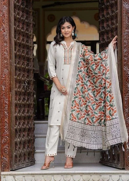 Little Crafts | Women’s Cotton Embroidered Straight Kurti with Pant and Dupatta Set | XL Size | Cream Ethnic Wear image 5