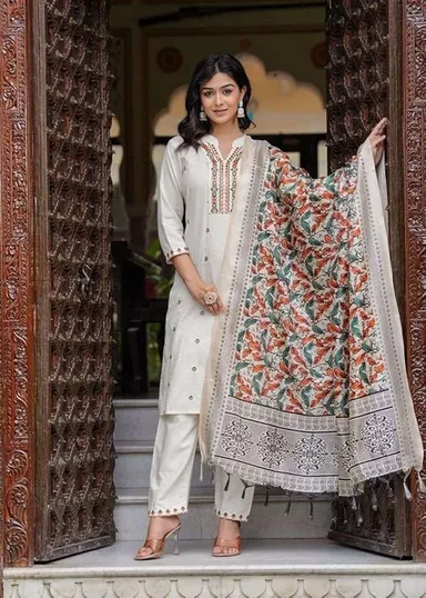 Little Crafts | Women’s Cotton Embroidered Straight Kurti with Pant and  Dupatta Set | XL Size | Cream Ethnic Wear thumbnail 4