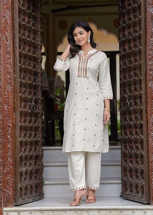 Little Crafts | Women’s Cotton Embroidered Straight Kurti with Pant and Dupatta Set | XL Size | Cream Ethnic Wear image 6