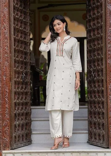 Little Crafts | Women’s Cotton Embroidered Straight Kurti with Pant and  Dupatta Set | XL Size | Cream Ethnic Wear thumbnail 5