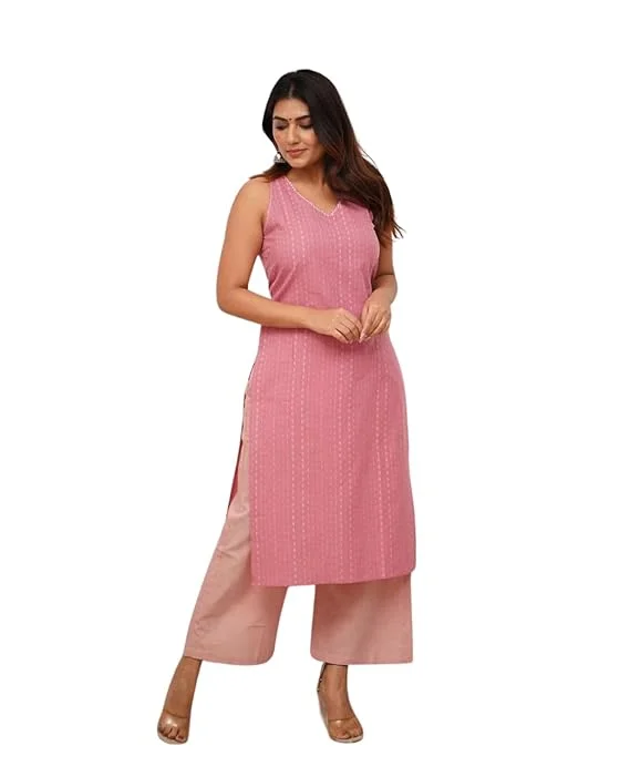 Cotton Kurti Set XL for Women | Sleeveless, Printed| Straight Fit Daily Wear Combo| pink image 1