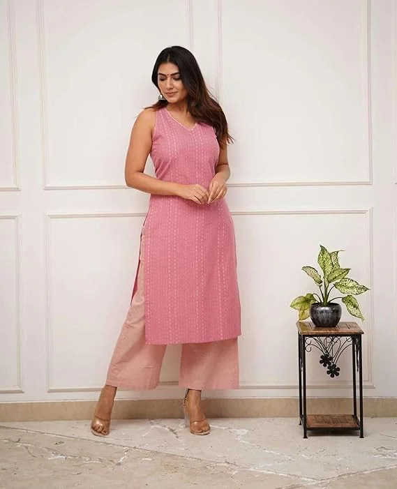 Cotton Kurti Set XL for Women | Sleeveless, Printed| Straight Fit Daily Wear Combo| pink image 4