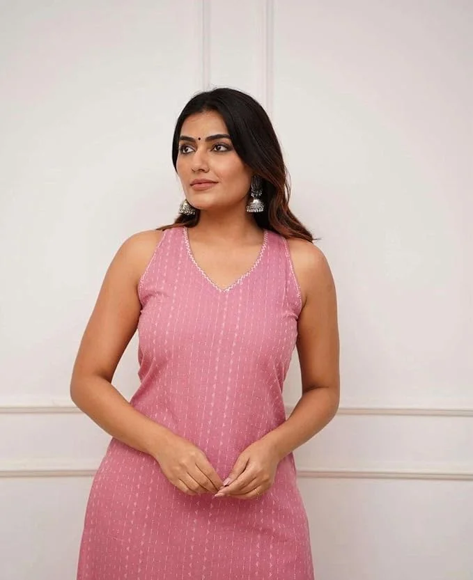 Cotton Kurti Set XXL for Women | Sleeveless pink Printed Combo | Plus Size Summer Wear Straight Fit image 2