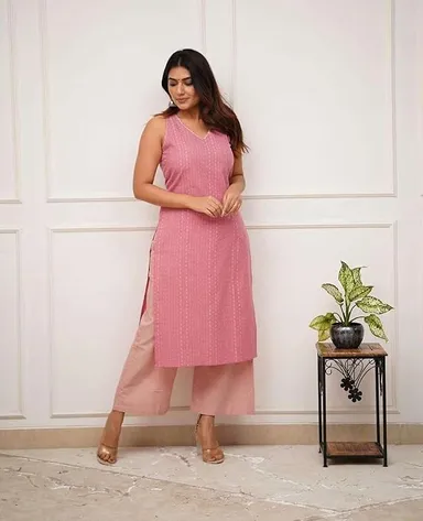 Cotton Kurti Set XXL for Women | Sleeveless pink Printed Combo | Plus Size Summer Wear Straight Fit thumbnail 3
