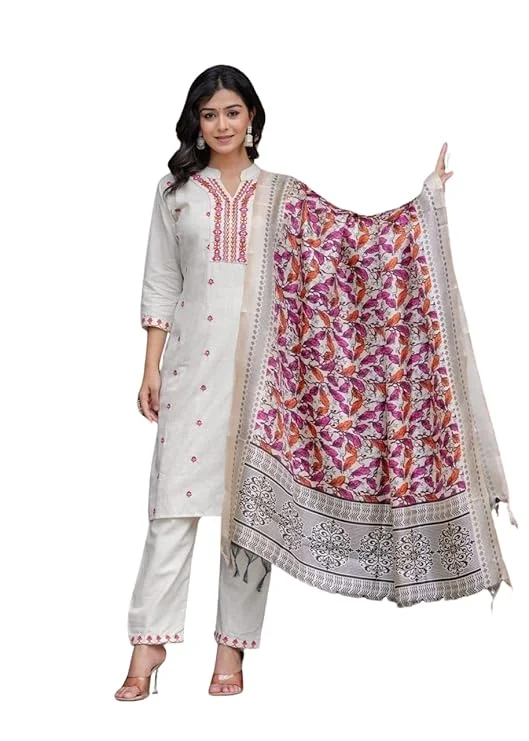 Women’s XL Size Cotton Embroidered Straight Kurti Set with Pant and Dupatta | Cream Ethnic Wear for Festive and Office image 1