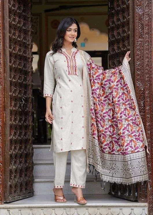 Women’s XL Size Cotton Embroidered Straight Kurti Set with Pant and Dupatta | Cream Ethnic Wear for Festive and Office image 2