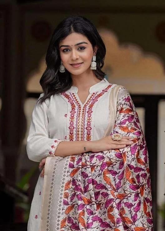 Women’s XL Size Cotton Embroidered Straight Kurti Set with Pant and Dupatta | Cream Ethnic Wear for Festive and Office image 3