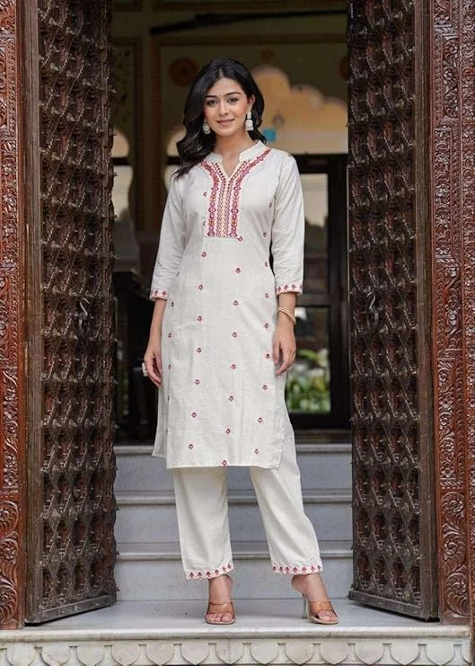 Women’s XL Size Cotton Embroidered Straight Kurti Set with Pant and Dupatta | Cream Ethnic Wear for Festive and Office image 4
