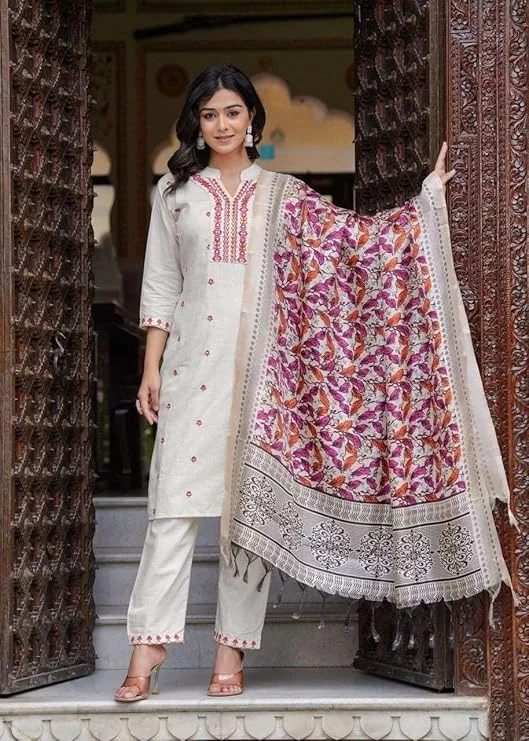Women’s XL Size Cotton Embroidered Straight Kurti Set with Pant and Dupatta | Cream Ethnic Wear for Festive and Office image 5