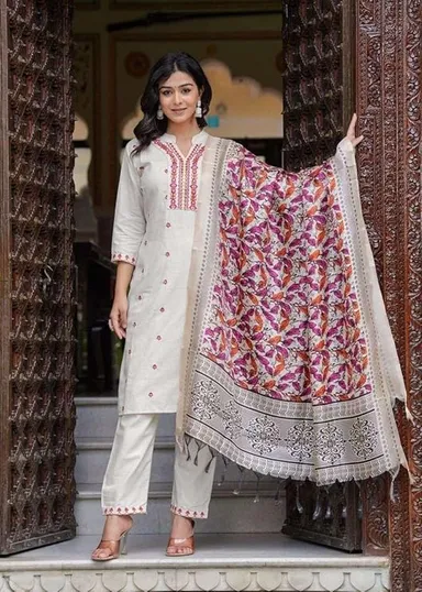 Women’s XL Size Cotton Embroidered Straight Kurti Set with Pant and Dupatta | Cream Ethnic Wear for Festive and Office thumbnail 4