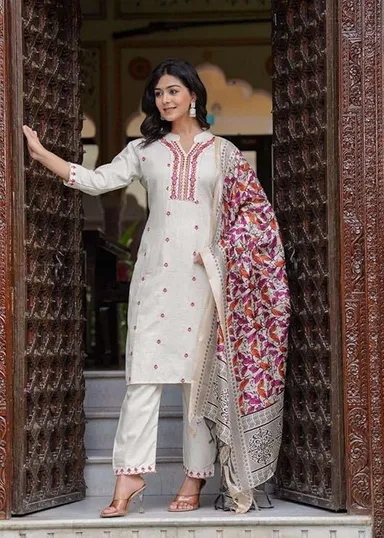 Women’s XL Size Cotton Embroidered Straight Kurti Set with Pant and Dupatta | Cream Ethnic Wear for Festive and Office thumbnail 5