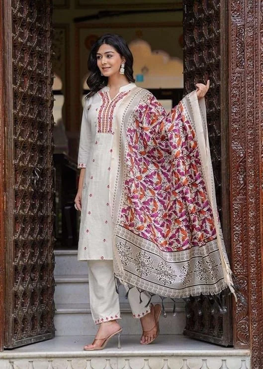 Women’s XL Size Cotton Embroidered Straight Kurti Set with Pant and Dupatta | Cream Ethnic Wear for Festive and Office image 7