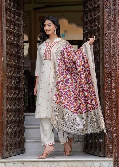 Women’s XXL Size Cotton Embroidered Straight Kurti Set with Pant and Dupatta | Cream Ethnic Wear for Festive and Office thumbnail 6