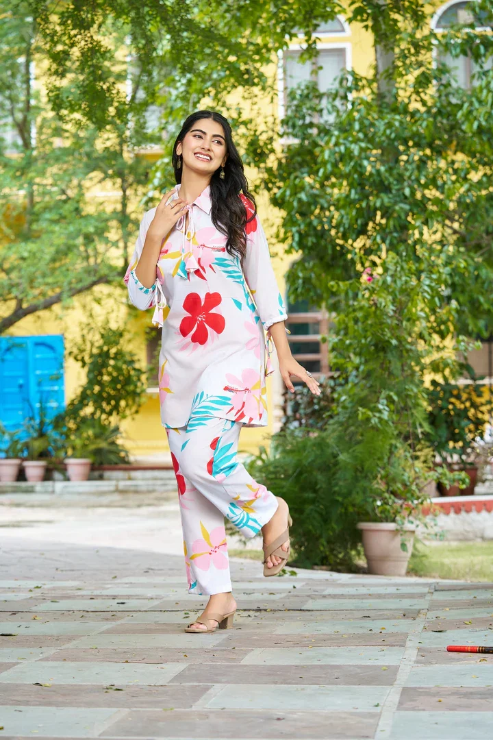 Floral Fiesta Pastel Floral Soft Breathable Two‑Piece Co‑Ord Set Women Casual Brunch Outfit Top & Pants Summer Cotton Blend Elegant Design image 1