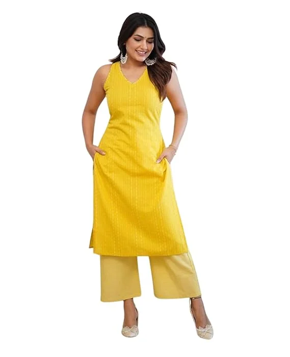 Cotton Sleeveless Kurti with Pant Set | Women’s Summer Ethnic Combo | Yellow‑L image 1
