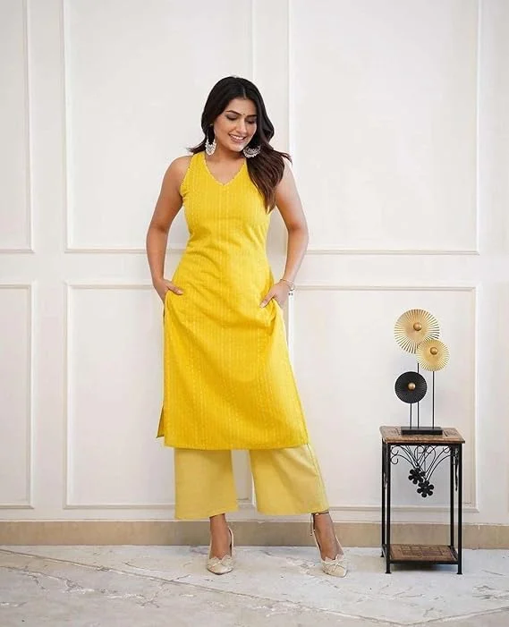 Cotton Sleeveless Kurti with Pant Set | Women’s Summer Ethnic Combo | Yellow‑L image 2