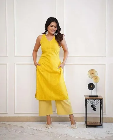 Cotton Printed Kurti with Pant Set for Women| Sleeveless Straight Fit Yellow XXL | Summer Wear Daily Ethnic Outfit thumbnail 1