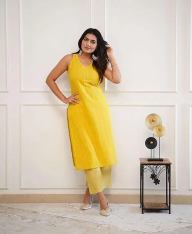 Cotton Printed Kurti with Pant Set for Women| Sleeveless Straight Fit Yellow XXL | Summer Wear Daily Ethnic Outfit thumbnail 2