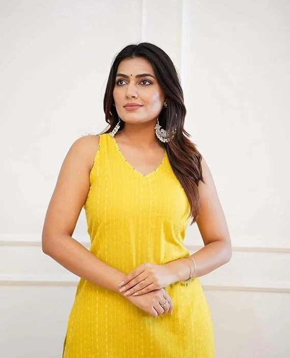 Cotton Printed Kurti with Pant Set for Women| Sleeveless Straight Fit Yellow XXL | Summer Wear Daily Ethnic Outfit image 4