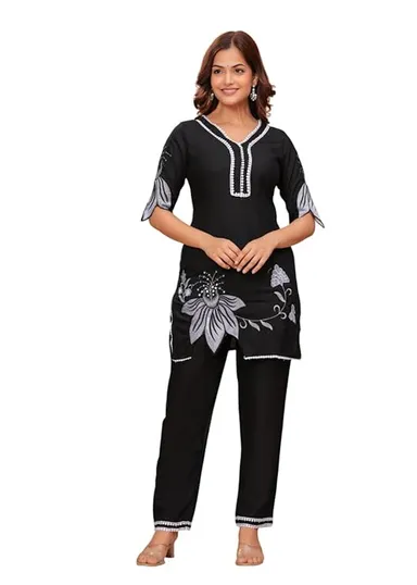 Little Crafts | Women's Cotton Floral Printed Kurti with Pant Set| Short Straight Design| Black| Office and Daily Wear|Medium thumbnail 0